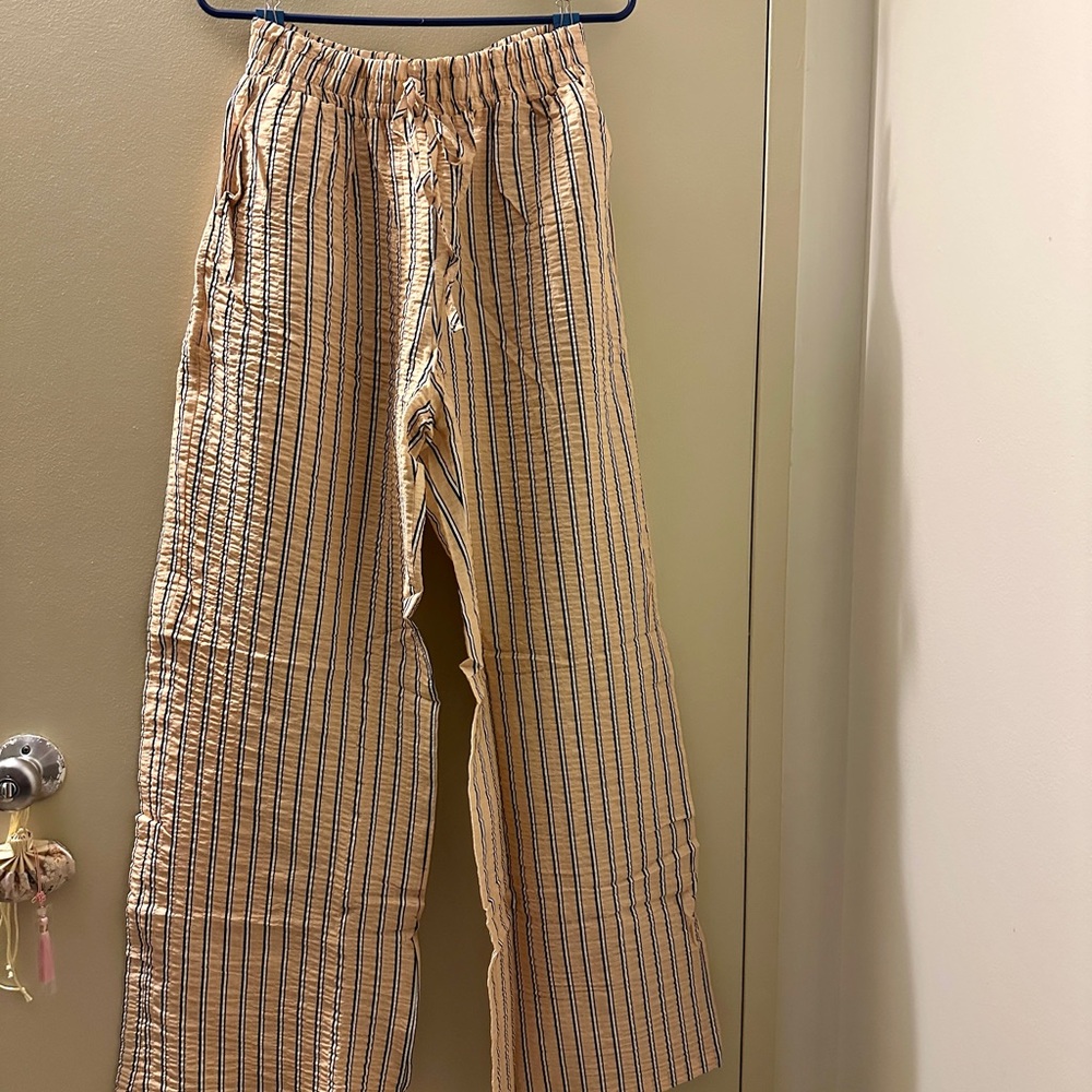 ASOS DESIGN seersucker tie waist wide leg pants in natural stripe